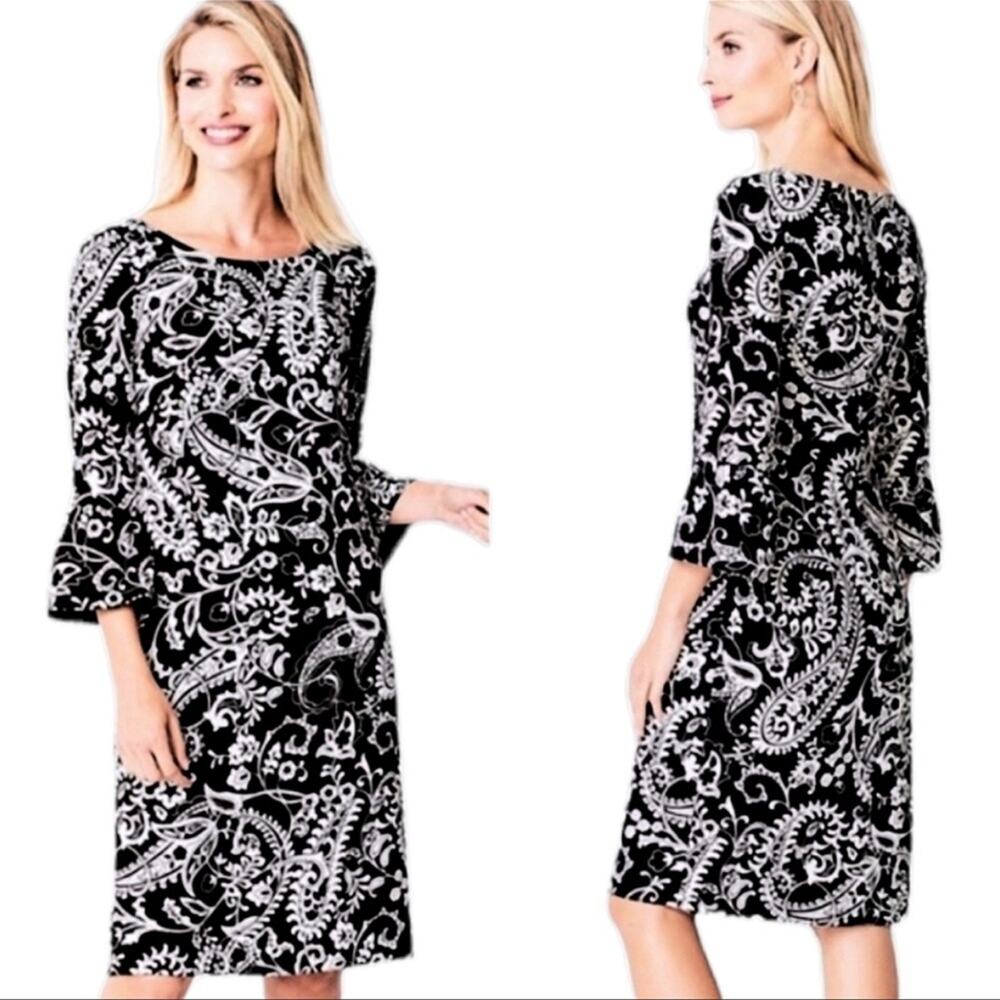 Talbots Paisley Print Black and White Bell Sleeve Shift Dress